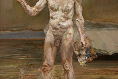 GDK695482 Painter Working, Reflection, 1993 (oil on canvas) by Freud, Lucian (1922-2011); 101.2x81.7 cm; Private Collection; PERMISSION REQUIRED FOR NON EDITORIAL USAGE,PERMISSION REQUIRED TO LICENSE MORE THAN FIVE IMAGES BY THIS ARTIST IN A SINGLE PUBLICATION; CANNOT BE LICENSED FOR PRINTS OR POSTERS; English,  in copyrightPLEASE NOTE: This image is protected by artist's copyright which needs to be cleared by you. If you require assistance in clearing permission we will be pleased to help you. In addition, we work with the owner of the image to clear permission. If you wish to reproduce this image, please inform us so we can clear permission for you.