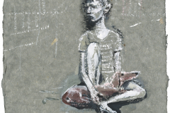 Pojke med hund / Boy with dog. Egg tempera on paper.